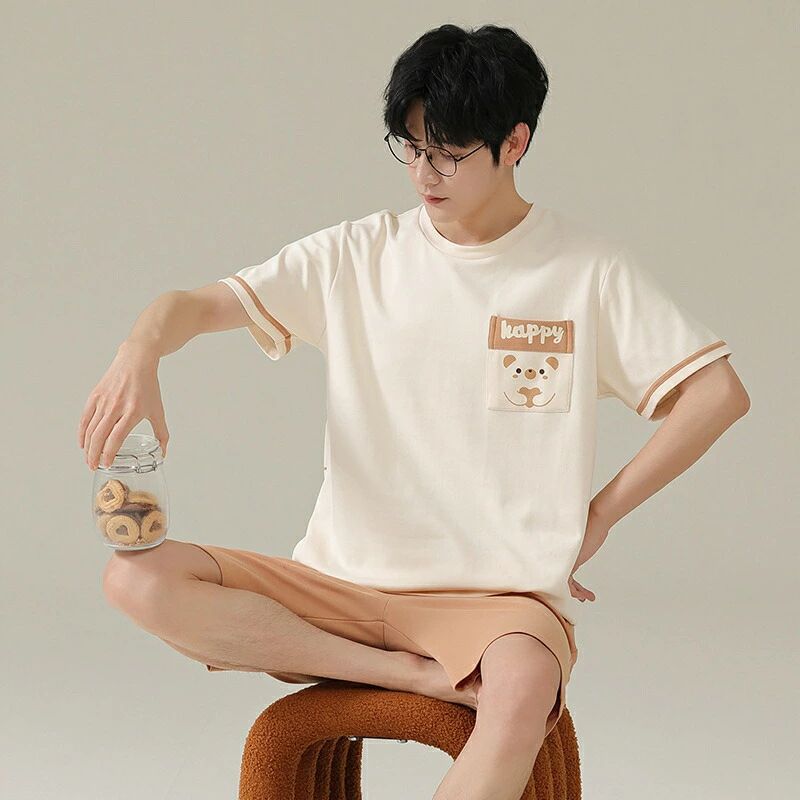 ペア パジャマ 半袖 夏 綿100% 男女2着 セット クマ アニメ カップル ルームウェア 半袖トップス+ショートパンツ 高級 春夏 ペアパジャ