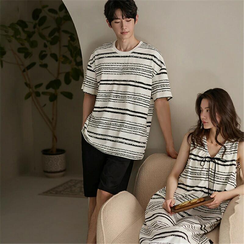 ペア パジャマ 半袖 夏 男女2着 セット 春 ボーダー ワンピース カップル 柔らかい タンキニ ルームウェア パッド付き 高級 春夏 ペアパ