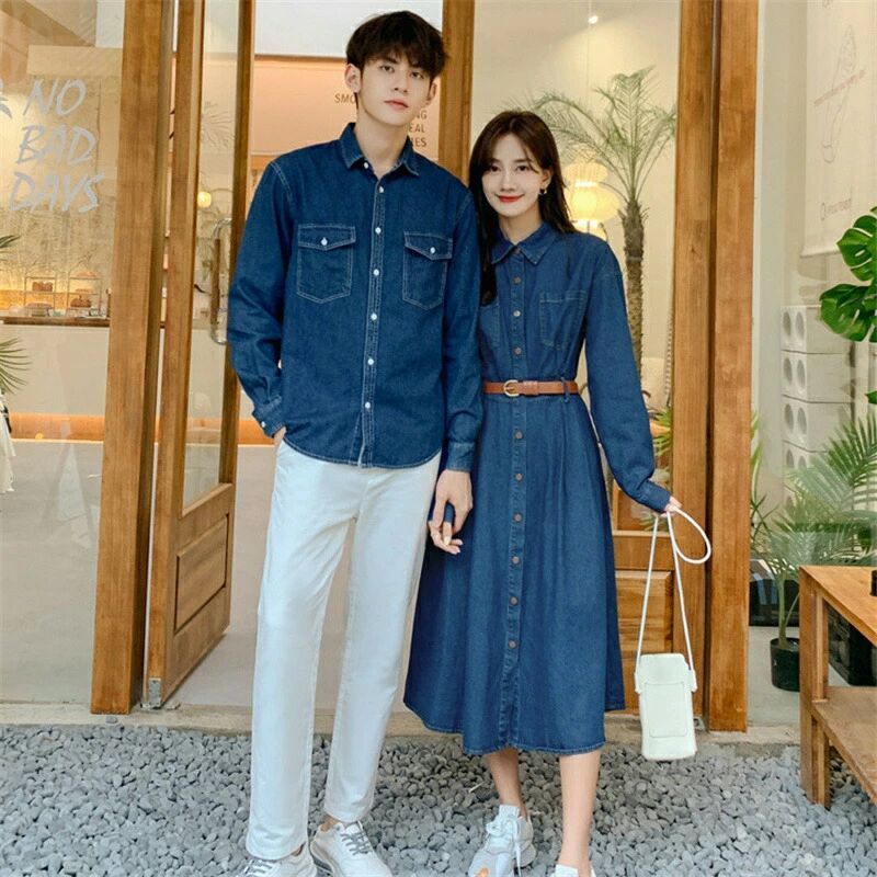 ペアルック デニム シャツ シャツワンピース カップル お揃い 服 トップス クリスマス プレゼント リン..