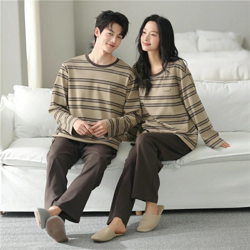 ペア パジャマ 長袖 男女2着 セット ボーダー セットアップ カップル 秋冬 ルームウェア クルーネック ..