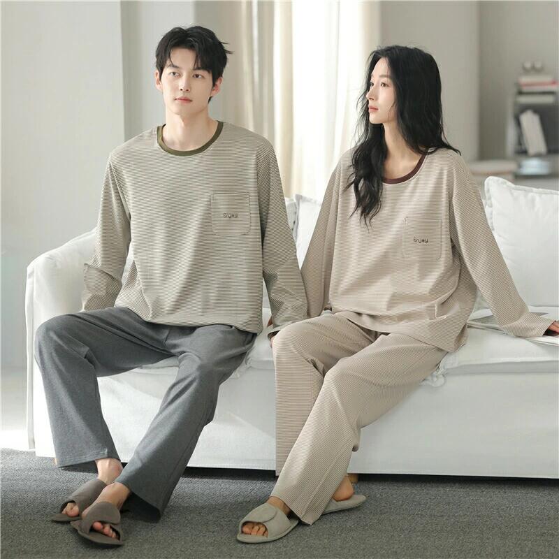 ペア パジャマ 長袖 男女2着 セット ボーダー 高級 秋冬 シンプル ルームウェア クルーネック 秋 綿 ポリエステル ペアパジャマ 結婚祝
