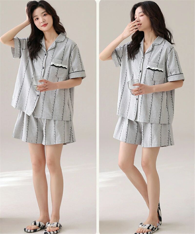 ペア パジャマ 半袖 夏 綿100% 男女2着 セット カジュアル カップル ルームウェア 半袖トップス+ショー..