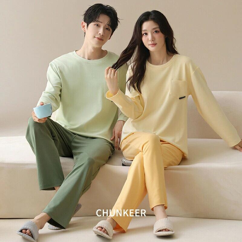 「スーパーSALE半額」ペアルック パジャマ 長袖 男女2着 セット 綿無地 大きいサイズ カップル 春 秋 コットン 長袖トップス ルームウェア クルーネック 冬