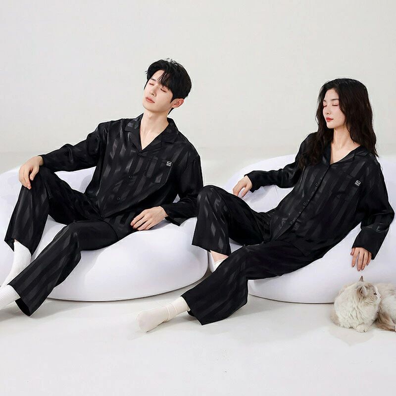 ペア パジャマ 合成シルク 長袖 男女2着 セット カップル 秋 コンフォート ルームウェア 夏 レディース..