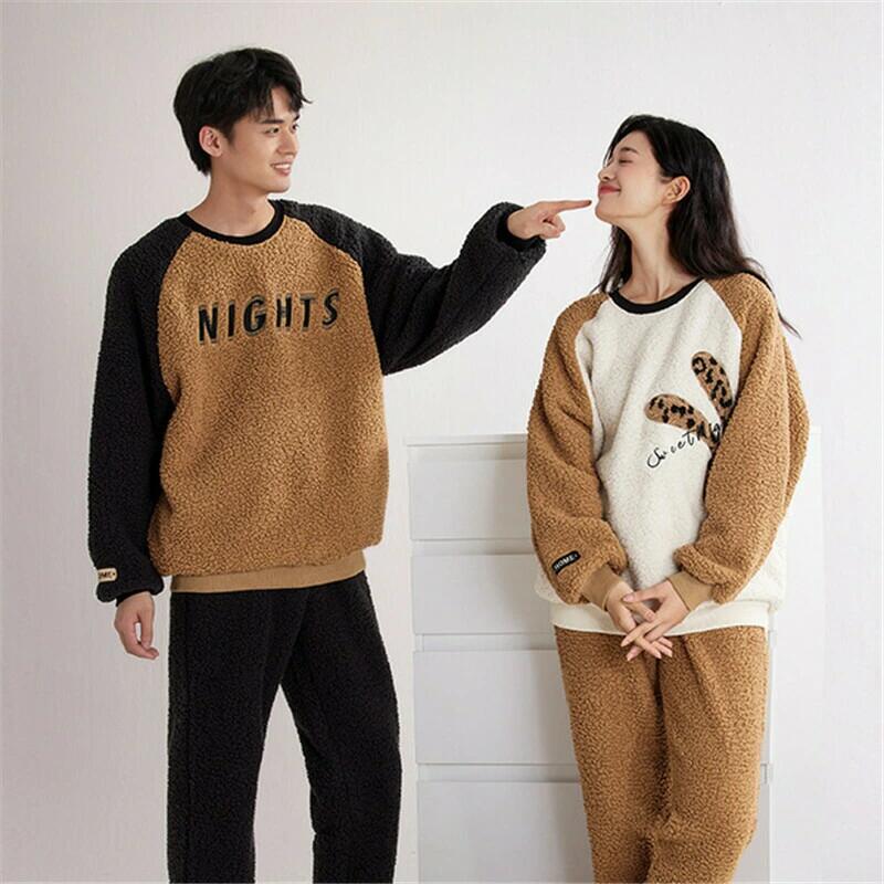 ペアパジャマ もこもこ 冬 男女2着 セット カップル パジャマ ルームウェア おしゃれ ペア 長袖 クルーネック レディース 夫婦 メンズ