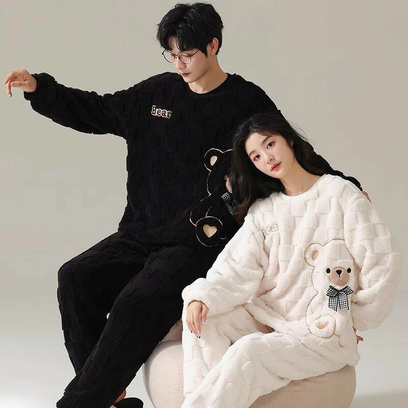 ペアパジャマ もこもこ 冬 男女2着 セット 厚手 パジャマ 秋冬 ルームウェア フランネル ポリエステル ..