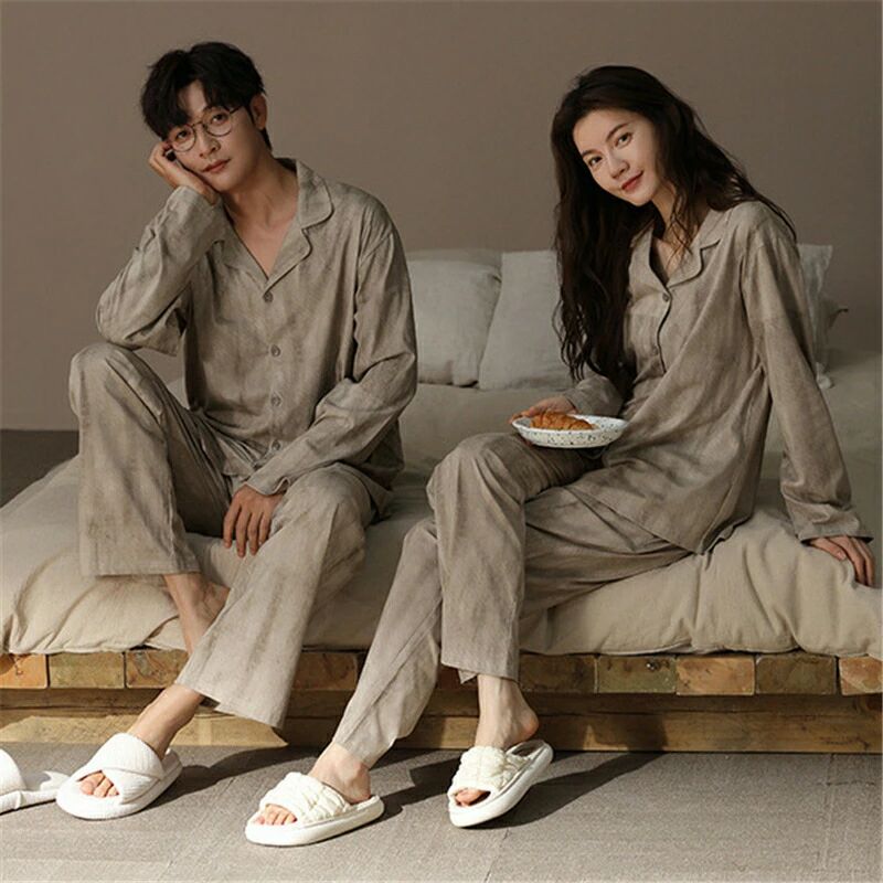 ペア パジャマ 長袖 男女2着 セット 綿100％ 前開き 秋 シンプル 長袖トップス ロングパンツ 高級 ルームウェア 冬 コットン ペアパジャ
