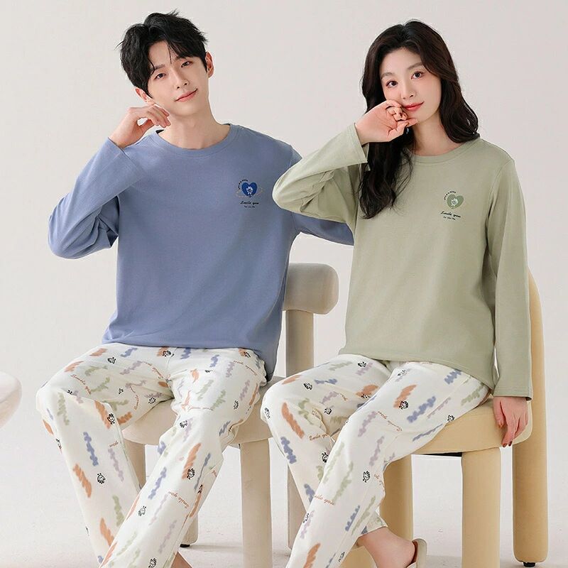 ペア パジャマ 長袖 男女2着 セット 綿100％ 無地 uネック 春 秋 ルームウェア パッド付き クルーネッ..