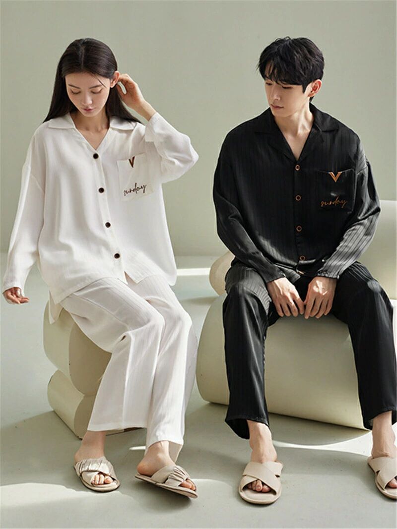 ENBOUショップのペア パジャマ 合成シルク 長袖 男女2着 セット おしゃれ 春 秋 シンプル ルームウェア 夏 レディース 2点セット 高級 サテン メンズ 結｜アングル2