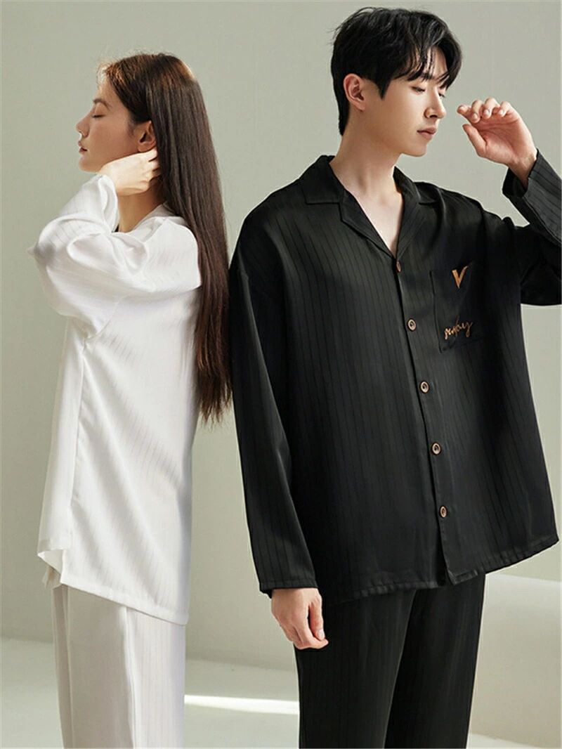 ENBOUショップのペア パジャマ 合成シルク 長袖 男女2着 セット おしゃれ 春 秋 シンプル ルームウェア 夏 レディース 2点セット 高級 サテン メンズ 結｜アングル3