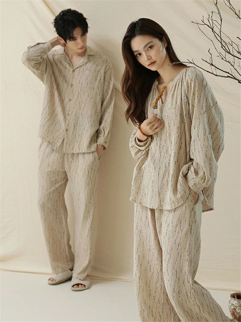 ペア パジャマ 長袖 男女2着 セット 綿100％ 長袖トップス ルームウェア 前開き 冬 コットン ペアパジ..