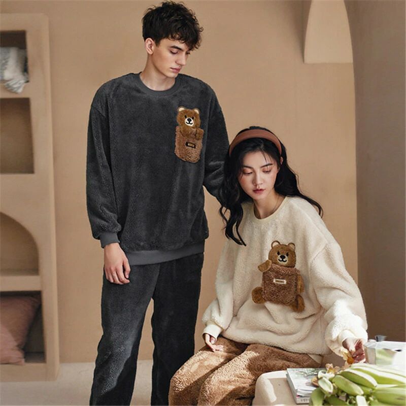 ペアパジャマ もこもこ 冬 男女2着 セット セットアップ カップル パジャマ ルームウェア おしゃれ ペア 長袖 クルーネック レディース