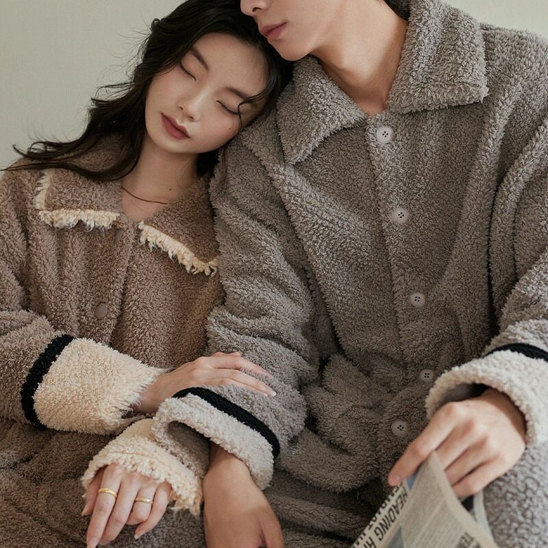 ペアパジャマ もこもこ 冬 男女2着 セット 厚手 パジャマ 秋冬 高級 ルームウェア ペア 長袖 前開き レ..