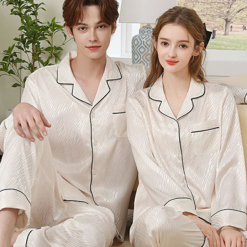 ペア パジャマ 合成シルク 長袖 男女2着 セット 前開き カップル おしゃれ 春 秋 ルームウェア 夏 レデ..