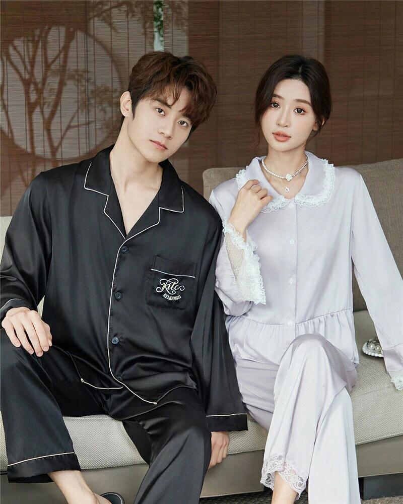 ペア パジャマ 合成シルク 長袖 男女2着 セット 長袖トップス 2点セット ルームウェア 夏 レディース 高級 サテン メンズ 結婚祝い プレ