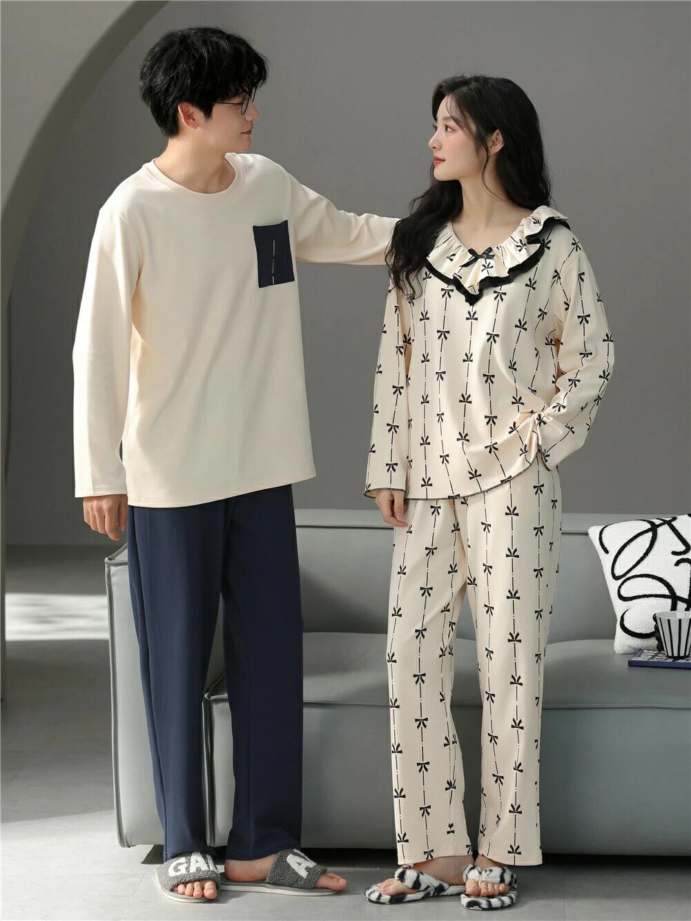 ペア パジャマ 長袖 男女2着 セット 秋 冬 リボン ペア ルームウェア 結婚祝い プレゼント カップル ペア パジャマ 冬 ギフト 上下 セッ