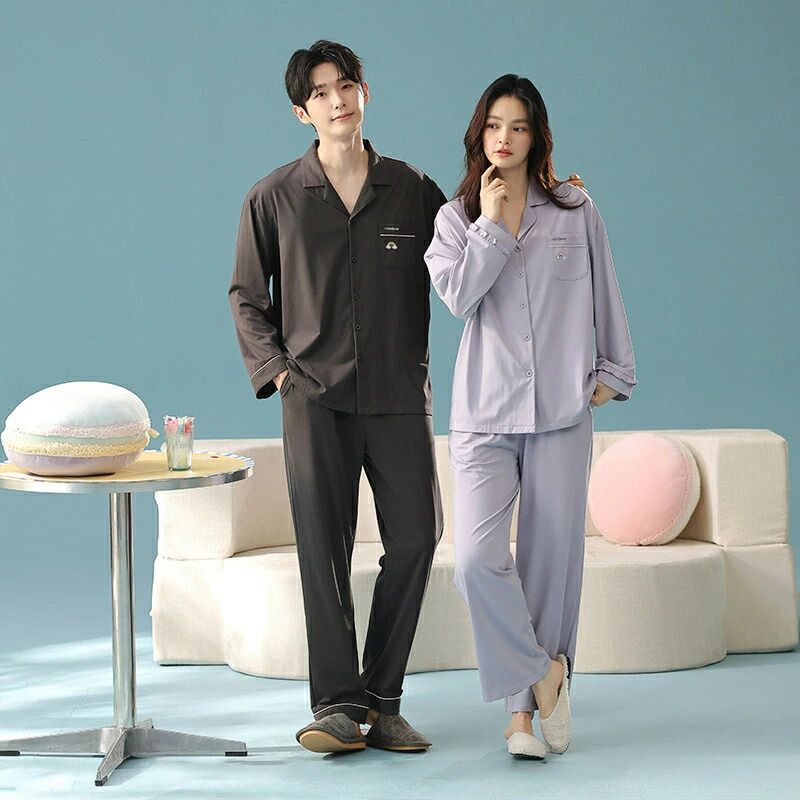ペア パジャマ 長袖 男女2着 セット 綿100％ 長袖トップス ルームウェア 前開き 冬 コットン ペアパジ..