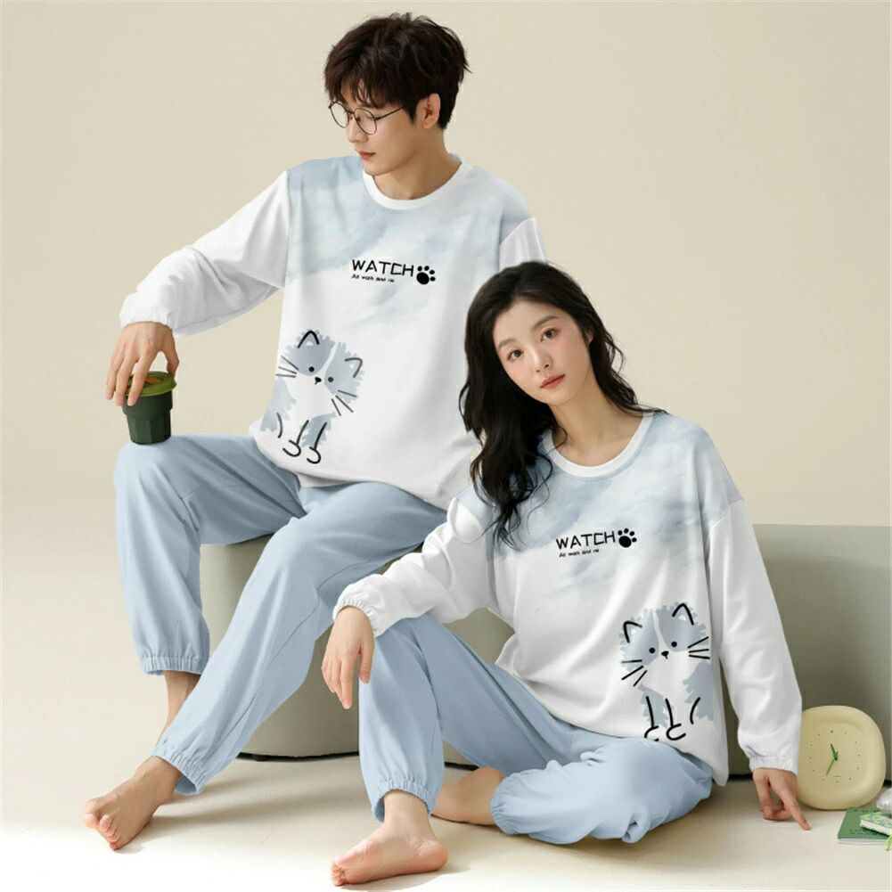 ペア パジャマ 長袖 男女2着 セット 秋 冬 猫 ルームウェア 結婚祝い プレゼント カップル ペア パジャ..