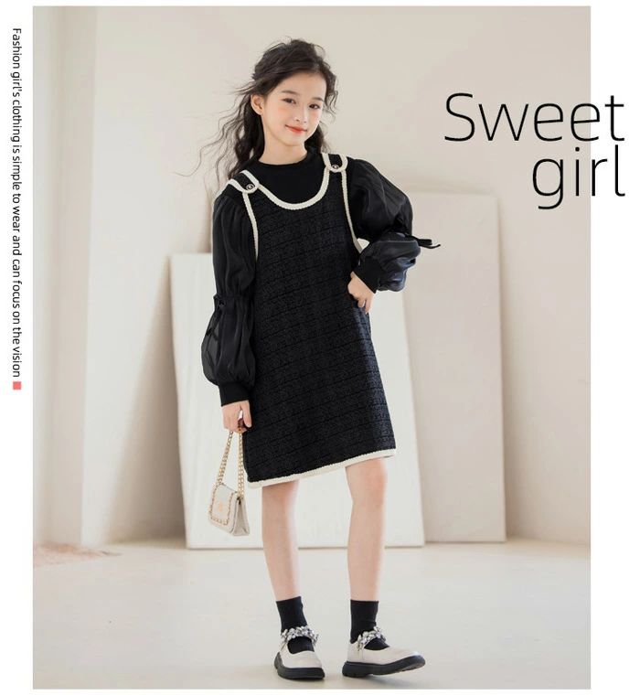 韓国子供服 女の子 セットアップ フォーマル 結婚式 キッズ 長袖トップス+タンクトップワンピース ブラック お姫様 誕生日 発表会 ピアノ演奏 大人気 食事会 二次会 こども プリンセス プレゼント 120 130 140 パーティー おしゃれ 2点セット