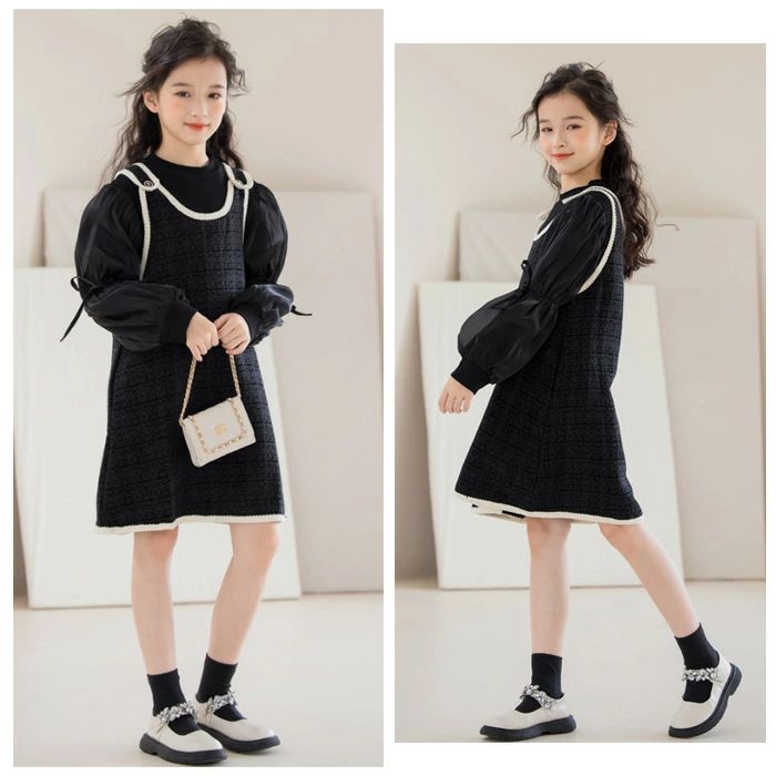 韓国子供服 女の子 セットアップ フォーマル 結婚式 キッズ 長袖トップス+タンクトップワンピース ブラック お姫様 誕生日 発表会 ピアノ演奏 大人気 食事会 二次会 こども プリンセス プレゼント 120 130 140 パーティー おしゃれ 2点セット