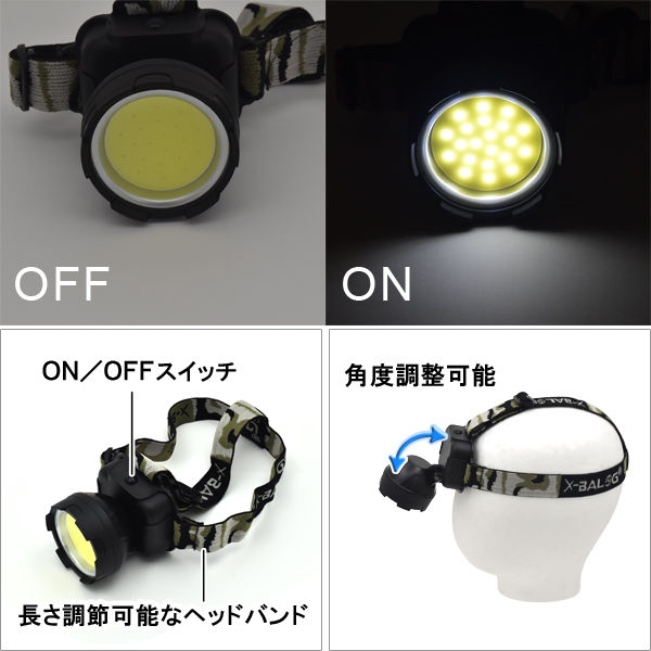 【COB型 3W LEDヘッドライト】チップオンボードタイプ アウトドア レジャー 暗所での作業 防災用品 夜釣り 夜間 長さ調整可能 角度調整可能 迷彩柄バンド 単3電池3本 ブラック レッド コンパクト 小型 高輝度 【宅配便】