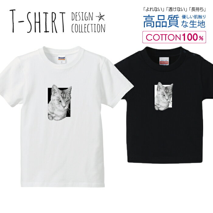 キャット 猫 にゃんこ 窓 白黒 かわいい Tシャツ キッズ かわいい サイズ 100 110 120 130 140 150 半袖 綿 100% 透けない 長持ち プリントtシャツ コットン 5.6オンス ハイクオリティー 白Tシャツ 黒Tシャツ ホワイト ブラック