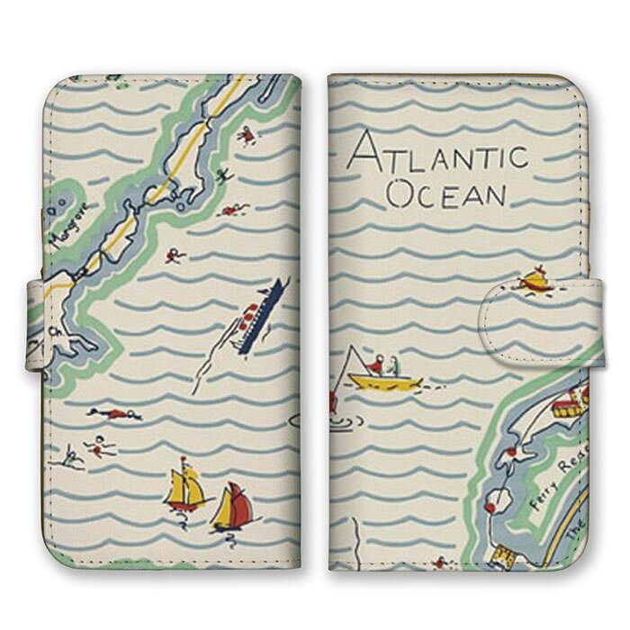Rakuten - 全機種対応 手帳型スマホケース iPhone14 13 Pro Max対応 地図 海 大西洋 ATLANTIC OCEAN 手書きイラスト かわいい ほのぼの ホワイト 白色 水色 ブルー スマートフォンケース スマホケース Xperia AQUOS arrows Galaxy Google HUAWEI Rakuten Hand OPPO