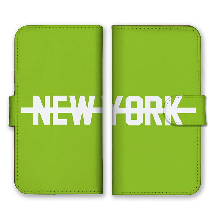 Rakuten - 全機種対応 手帳型スマホケース iPhone14 13 Pro Max対応 NEW YORK ニューヨーク ロゴ 英字 英語 シンプル グリーン ホワイト 緑色 白 かっこいい カードホルダー付き カード収納 合皮 合成レザー 手帳タイプ スマートフォン ケース カバー