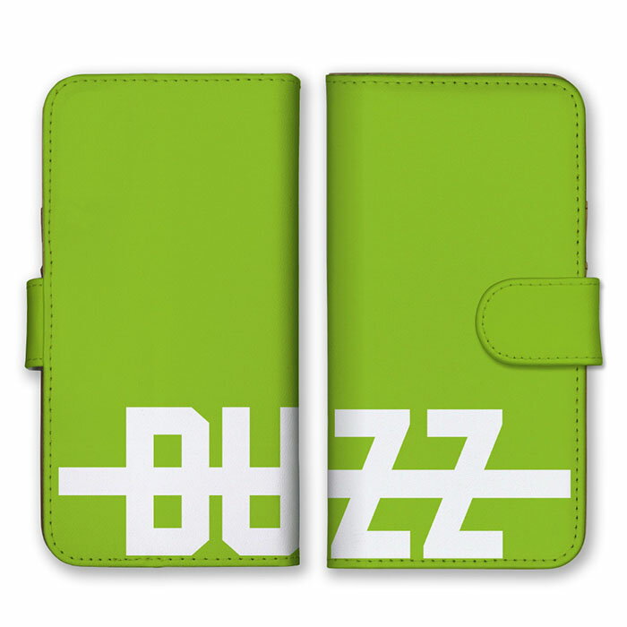 全機種対応 手帳型スマホケース iPhone14 13 Pro Max対応 BUZZ バズ ロゴ 英字 英語 シンプル グリーン ホワイト 緑色 白 かっこいい カードホルダー付き カード収納 合皮 合成レザー 手帳タイプ スマートフォン ケース カバー
