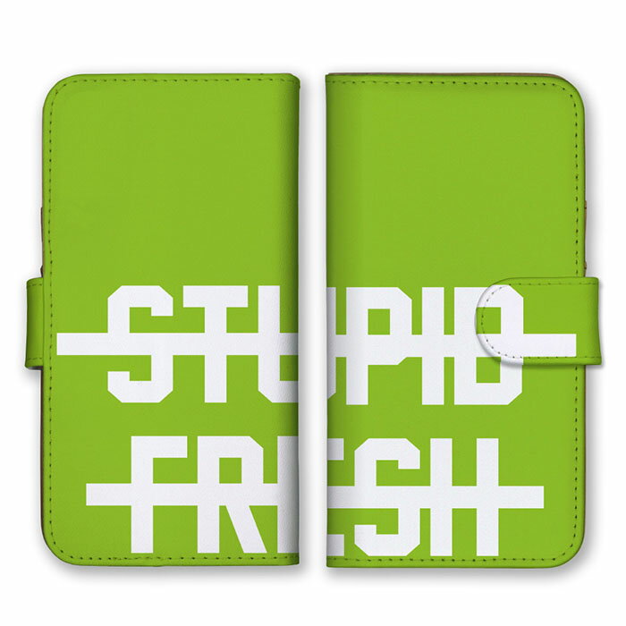Rakuten - 全機種対応 手帳型スマホケース iPhone14 13 Pro Max対応 STUPID FRESH 元気のよいバカ ロゴ 英字 英語 シンプル グリーン ホワイト 緑色 白 かっこいい カードホルダー付き カード収納 合皮 合成レザー 手帳タイプ スマートフォン ケース カバー