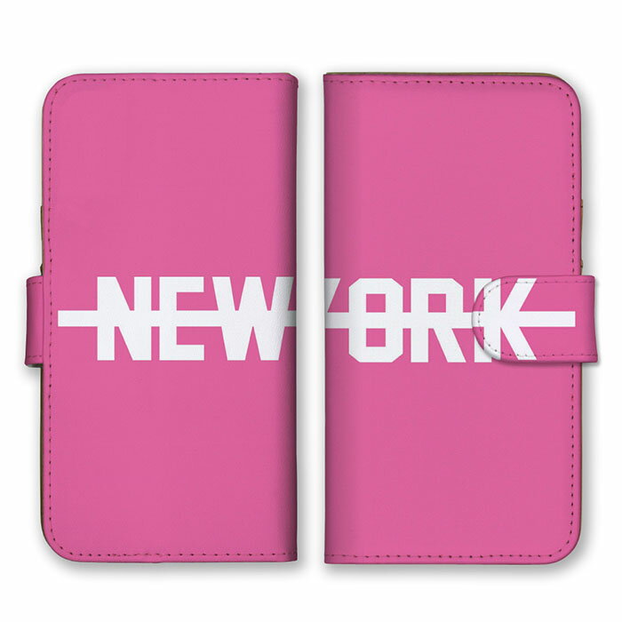 Rakuten - 全機種対応 手帳型スマホケース iPhone14 13 Pro Max対応 NEW YORK ニューヨーク ロゴ 英字 英語 シンプル ピンク ホワイト 桃色 白色 かっこいい カードホルダー付き カード収納 合皮 合成レザー 手帳タイプ スマートフォン ケース カバー