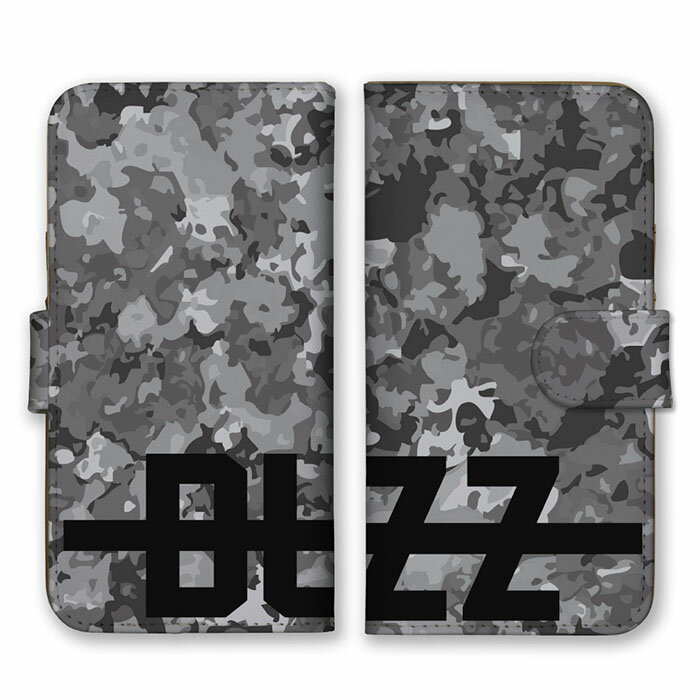 全機種対応 手帳型スマホケース iPhone14 13 Pro Max対応 BUZZ バズ ロゴ 英字 英語 グレー ブラック チャコール 迷彩柄 カモフラ柄 ミリタリー かっこいい カードホルダー付き カード収納 合皮 合成レザー 手帳タイプ スマートフォン ケース カバー
