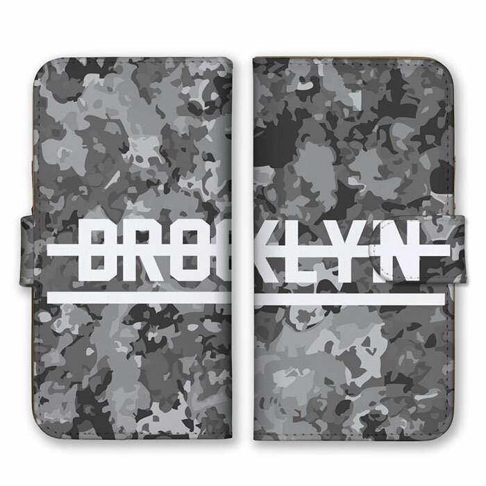 乐天商城 - 全機種対応 手帳型スマホケース iPhone14 13 Pro Max対応 BROOKLYN ブルックリン ロゴ 英字 英語 グレー ホワイト チャコール 迷彩柄 カモフラ柄 ミリタリー かっこいい カードホルダー付き カード収納 合皮 合成レザー 手帳タイプ スマートフォン ケース カバー