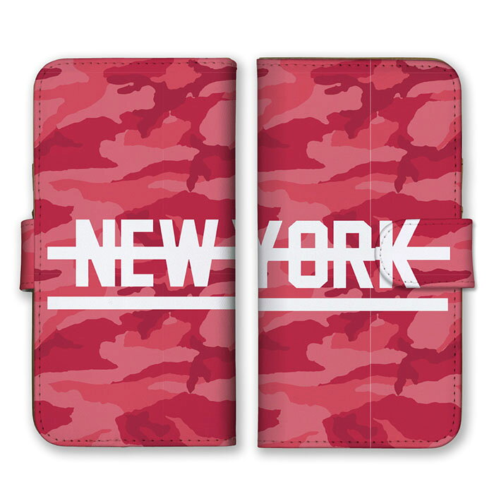 乐天商城 - 全機種対応 手帳型スマホケース iPhone14 13 Pro Max対応 NEW YORK ニューヨーク ロゴ 英字 英語 シンプル レッド ピンク ホワイト 赤色 迷彩柄 カモフラ柄 ミリタリー かっこいい カードホルダー付き カード収納 合皮 合成レザー 手帳タイプ スマートフォン ケース カバー