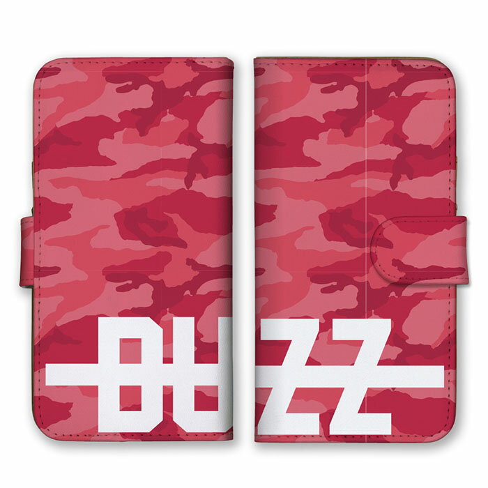 全機種対応 手帳型スマホケース iPhone14 13 Pro Max対応 BUZZ バズ ロゴ 英字 ロゴ 英字 英語 シンプル レッド ピンク ホワイト 赤色 迷彩柄 カモフラ柄 ミリタリー かっこいい カードホルダー付き カード収納 合皮 合成レザー 手帳タイプ スマートフォン ケース カバー