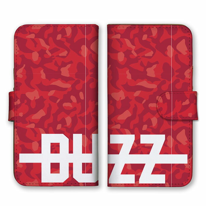 全機種対応 手帳型スマホケース iPhone14 13 Pro Max対応 BUZZ バズ ロゴ 英字 ロゴ 英字 英語 シンプル レッド ホワイト 赤色 迷彩柄 カモフラ柄 ミリタリー かっこいい カードホルダー付き カード収納 合皮 合成レザー 手帳タイプ スマートフォン ケース カバー