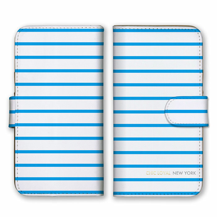 全機種対応 手帳型スマホケース iPhone14 13 Pro Max対応 ホワイト ブリー 白色 青色 水色 ボーダー 横..
