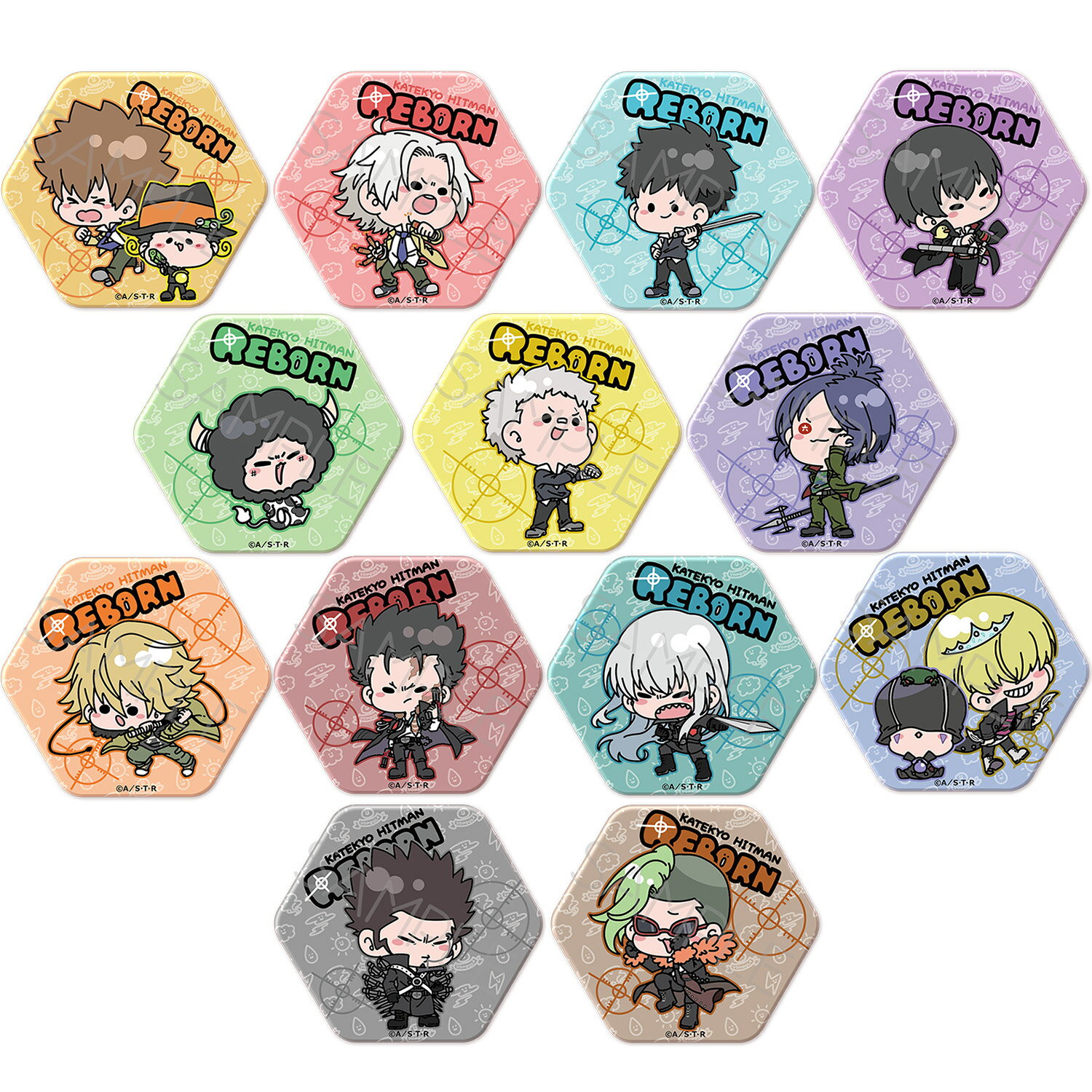 TVアニメ『家庭教師ヒットマンREBORN!』 六角形缶バッジ リボーン＆沢田綱吉 獄寺隼人 山本武 雲雀恭弥 ランボ 笹川了平 六道骸 ディーノ XANXUS スペルビ・スクアーロ ベルフェゴール＆マーモン レヴィ・ア・タン ルッスーリア 公認グッズ キャラクターグッズ