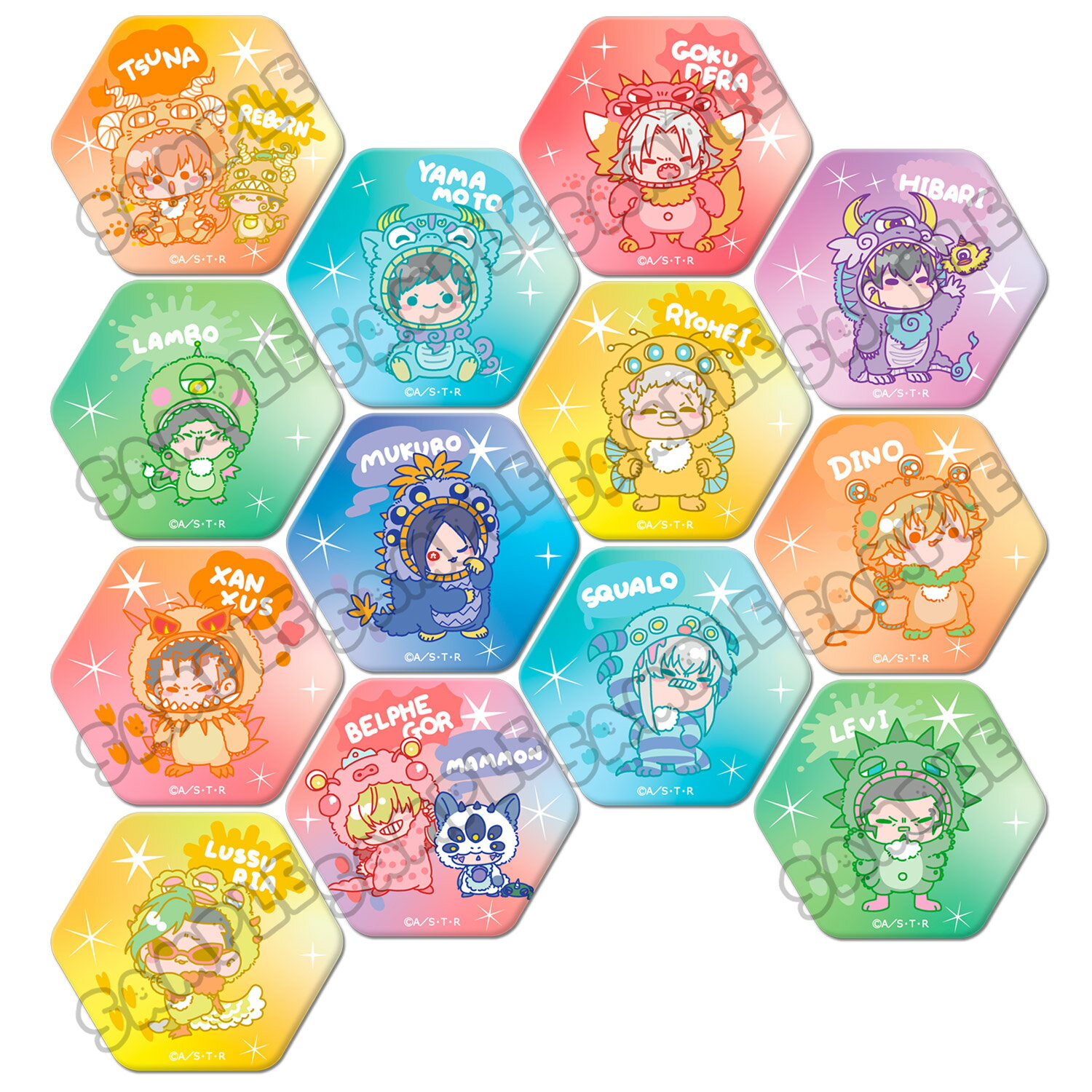 TVアニメ『家庭教師ヒットマンREBORN!』 第2弾 六角形缶バッジ リボーン＆沢田綱吉 獄寺隼人 山本武 雲雀恭弥 ランボ 笹川了平 六道骸 ディーノ XANXUS スペルビ・スクアーロ ベルフェゴール＆マーモン レヴィ・ア・タン ルッスーリア 公認グッズ キャラグッズ