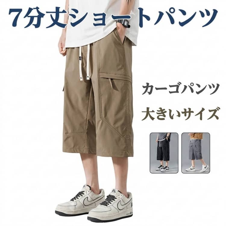 Rakuten - ハーフパンツ 大きいサイズ メンズ 7分丈パンツ ハーフズボン 男性用 ゆったり 7分丈パンツ カーゴパンツ クロップドパンツ 7部丈 ボトムス 薄い 無地 調整紐 冷感 メンズ半パンツ 半ズボン 柔らかい カジュアル 夏 ショートパンツ 通学 通勤