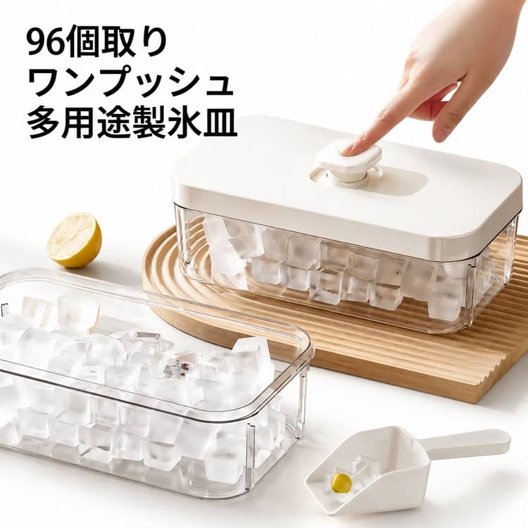 Rakuten - 96個取り 取り出しやすい 製氷器 透明 四角氷 ボタン一つで取り出す 製氷皿 3段 家庭用 ワンプッシュ 蓋付き 3段 小分け 製氷機 夏休み アイストレー 冷蔵庫 大容量 氷 お酒 家飲み ウィスキー 溶けにくい 宅飲み 晩酌