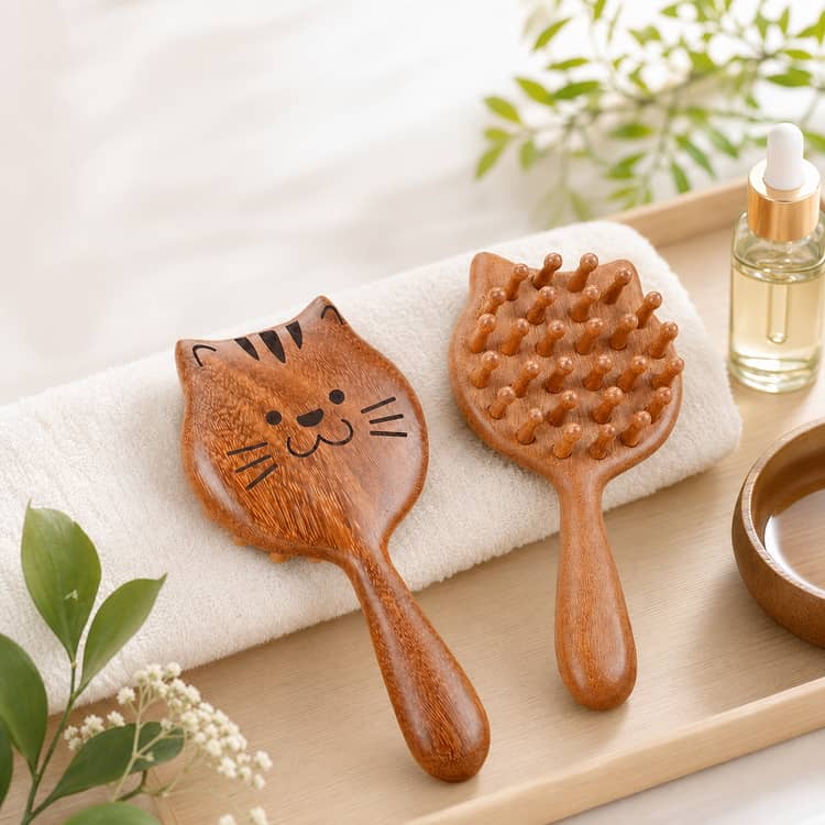 codabianca 楽天市場店のねこ ヘッドマッサージブラシ 木製 頭皮マッサージャー 猫型 かわいい ヘッドスパ コーム 木製 髪が絡みにくい 櫛 ヘアケア 頭皮ケア リラックス 癒しグッズ｜アングル3