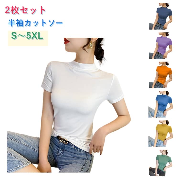 Rakuten - 【2枚セット】速乾 UVカット カットソー プチハイネック 夏 半袖 無地 レディース 吸汗 半袖Tシャツ 大きいサイズ シンプル きれいめ カットソー 夏 無地 タートルネック 黒 白 ブルー インナー ハイネック ブラック ホワイト ボトルネック モックネック