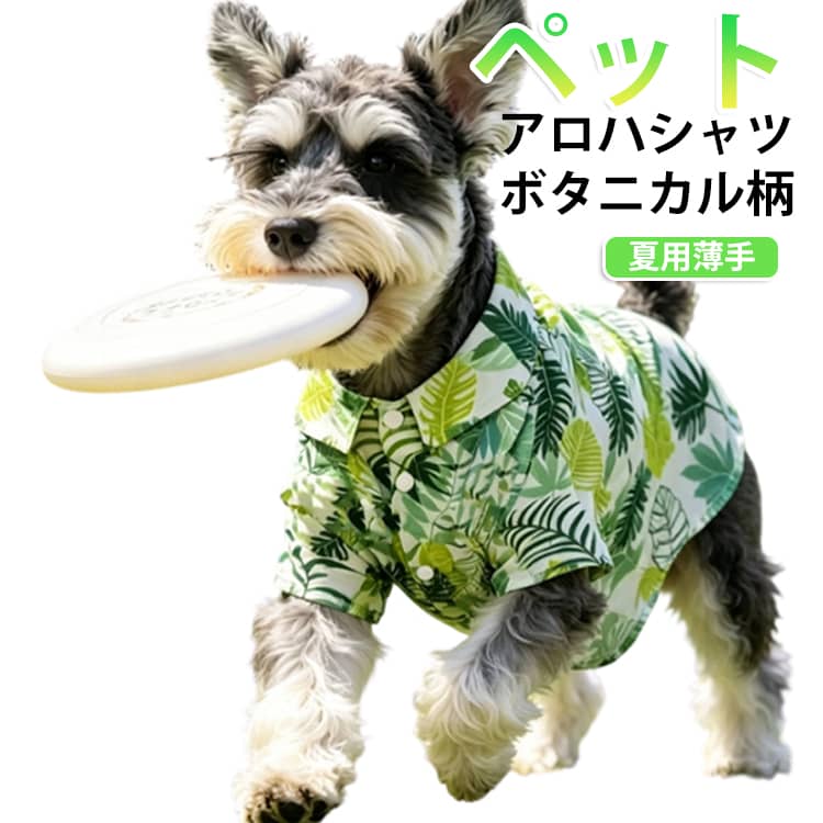 春夏のお出かけにぴったりな、爽やかなリーフ柄のペット用アロハシャツです。南国風のグリーン柄が目を引くデザインで、普段のお散歩はもちろん、旅行、ドッグラン、キャンプ、ビーチ、写真撮影にもおすすめです。薄手で軽やかな着心地なので、暑い季節にも着せやすいペットウェア。襟付きのシャツデザインで、カジュアルながらもきちんと感があり、愛犬・愛猫をおしゃれに演出します。フロントはボタン付きで着脱しやすく、短毛の子の抜け毛対策や、冷房対策、日差し対策の軽い羽織りとしても便利です。小型犬・中型犬はもちろん、サイズが合えば猫ちゃんにも着用できます。シュナウザー、柴犬、トイプードル、チワワ、ポメラニアン、ダックス、マルチーズ、猫など、さまざまなペットの春夏コーデにおすすめ。兄弟犬や多頭飼いのおそろいコーデにもぴったりです。 サイズ S M L XL 2XL サイズについての説明 ※商品のサイズは手作業で測定させて頂いておりますので、若干の誤差があります。 素材 ポリエステル 色 写真色 備考 ●サイズ詳細等の測り方はスタッフ間で統一、徹底はしておりますが、実寸は商品によって若干の誤差(1cm～3cm )がある場合がございますので、予めご了承ください。 ●製造ロットにより、細部形状の違いや、同色でも色味に多少の誤差が生じます。 ●パッケージは改良のため予告なく仕様を変更する場合があります。 ▼商品の色は、撮影時の光や、お客様のモニターの色具合などにより、実際の商品と異なる場合がございます。あらかじめ、ご了承ください。 ▼生地の特性上、やや匂いが強く感じられるものもございます。数日のご使用や陰干しなどで気になる匂いはほとんど感じられなくなります。 ▼同じ商品でも生産時期により形やサイズ、カラーに多少の誤差が生じる場合もございます。 ▼他店舗でも在庫を共有して販売をしている為、受注後欠品となる場合もございます。予め、ご了承お願い申し上げます。 ▼出荷前に全て検品を行っておりますが、万が一商品に不具合があった場合は、お問い合わせフォームまたはメールよりご連絡頂けます様お願い申し上げます。速やかに対応致しますのでご安心ください。