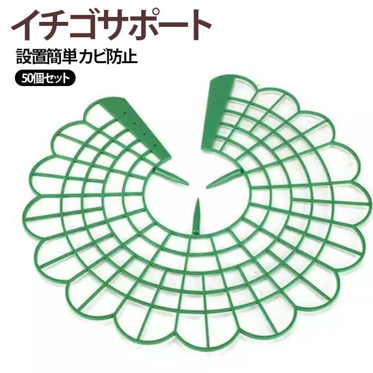 イチゴ栽培専用の組み合わせ式円形サポート台です。網目構造のトレイが苺の実を地面から離し、土の湿気が直接触れるのを遮断、カビ・腐敗・傷みを抑えます。中央の切れ込みから株の茎を通すだけで簡単に設置可能、鉢植え・露地栽培どちらにも対応。樹脂素材は厚みがあり耐久性に優れ、屋外でも劣化しにくく繰り返し使用できます。通気性に優れた格子デザインで葉や実の裏側に湿気が溜まりにくく、健全なイチゴを育てられます。50 個入りセットで家庭菜園や小規模栽培に最適です。 サイズ 50個セット サイズについての説明 全体幅：30.6cmトレイ横幅：26.8cm高さ：8.4cm足の高さ：3.4cm素材：硬質プラスチック 素材 プラスチック 色 写真通り 備考 ●サイズ詳細等の測り方はスタッフ間で統一、徹底はしておりますが、実寸は商品によって若干の誤差(1cm～3cm )がある場合がございますので、予めご了承ください。 ●製造ロットにより、細部形状の違いや、同色でも色味に多少の誤差が生じます。 ●パッケージは改良のため予告なく仕様を変更する場合があります。 ▼商品の色は、撮影時の光や、お客様のモニターの色具合などにより、実際の商品と異なる場合がございます。あらかじめ、ご了承ください。 ▼生地の特性上、やや匂いが強く感じられるものもございます。数日のご使用や陰干しなどで気になる匂いはほとんど感じられなくなります。 ▼同じ商品でも生産時期により形やサイズ、カラーに多少の誤差が生じる場合もございます。 ▼他店舗でも在庫を共有して販売をしている為、受注後欠品となる場合もございます。予め、ご了承お願い申し上げます。 ▼出荷前に全て検品を行っておりますが、万が一商品に不具合があった場合は、お問い合わせフォームまたはメールよりご連絡頂けます様お願い申し上げます。速やかに対応致しますのでご安心ください。