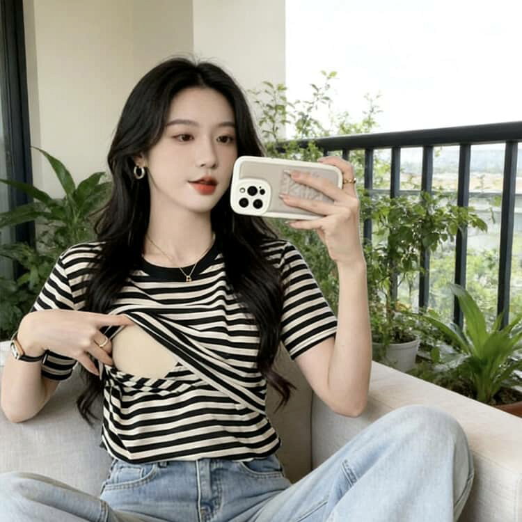 codabianca 楽天市場店の授乳服 半袖 tシャツ 妊婦服 授乳 トップス 授乳Tシャツ ボーダー柄 通勤 オフィス 春夏 可愛い マタニティ ロンT 授乳ウェア クルーネック カットソー ルームウェア 部屋着 シンプル 産前産後兼用 妊婦 大きいサイズ 体型カバー 快適 お出かけ｜アングル3