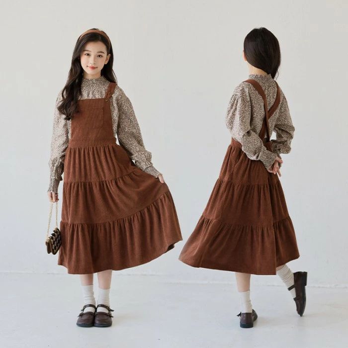 Dresses - 子供服 女の子 ワンピース 春秋 ジャンパースカート シャツ サロペットスカート キッズ服 ジュニア ロング