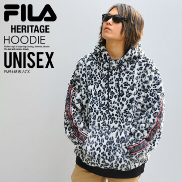 【入手困難!ユニセックス】 FILA HERITAGE (フィラ ヘリテージ) LEOPARD FAKE FUR PULLOVER HOODIE (レオパード フェイクファー プルオーバー フーディー) パーカー トップス メンズ レディース ひょう柄 ファー (ブラック) FM9448 BLACK