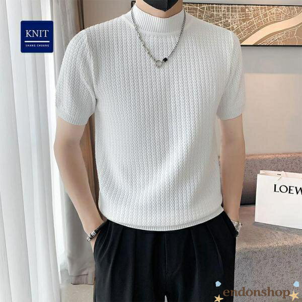Knit Sweater - 【楽天スーパーSALE】サマーニット メンズ 半袖 モックネック 配色 無地 薄手 ス デザイン 波編み Tシャツ ゴルフ シャツ キレイめ レイヤード 丸首 夏