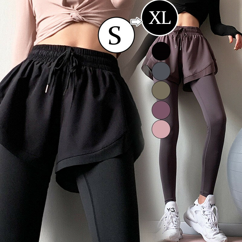 ヨガパンツ レギンス ヨガレギンス レディース フェイクレイヤード ショートパンツ付き スポーツウエア トレーニングウェア ジョギング 速乾 可愛い